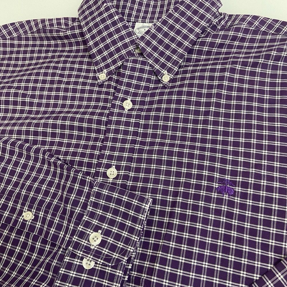 Brooks Brothers Men's Purple Gingham Check Long Sleeve Large‎ Supima Cotton Logo